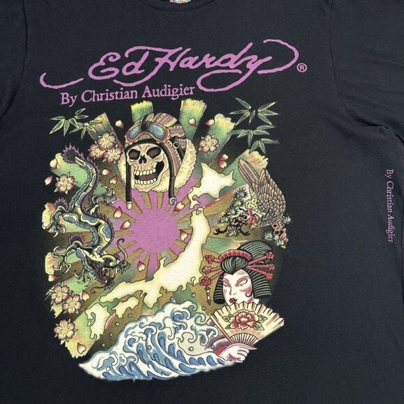 Crazy Y2K ED Hardy By Christian Audiger Kamikaze Skull Graphic T Shirt Grunge - Picture 3 of 5
